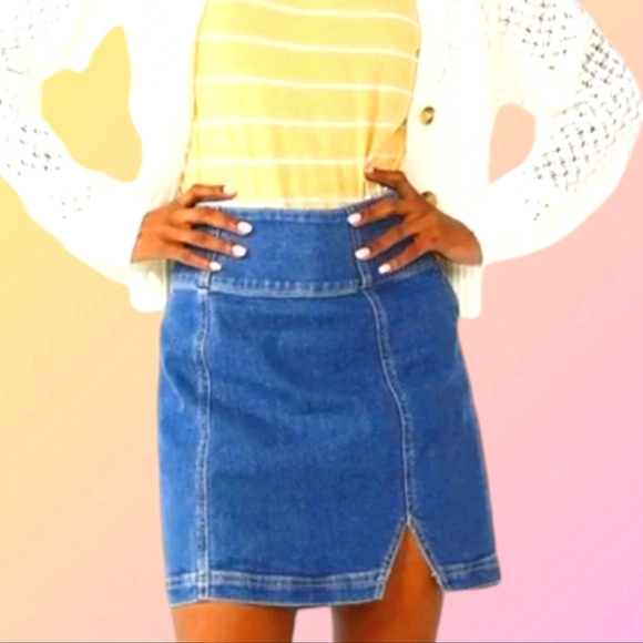 NWT Sz 26-3XL Dark Wash Denim Thigh Slit Mini Skirt - Picture 3 of 5